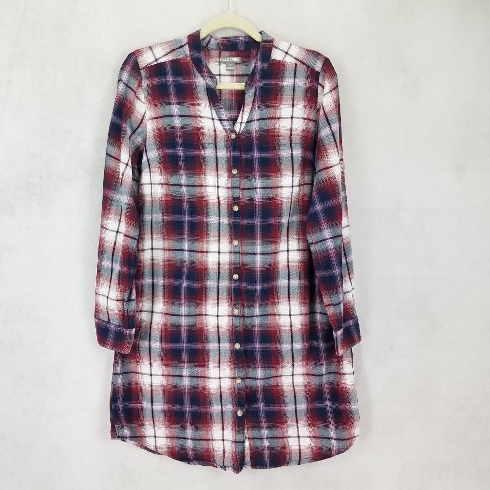 Falls Creek Mini Shirt Dress Tunic Small Plaid Button down Long sleeve Western